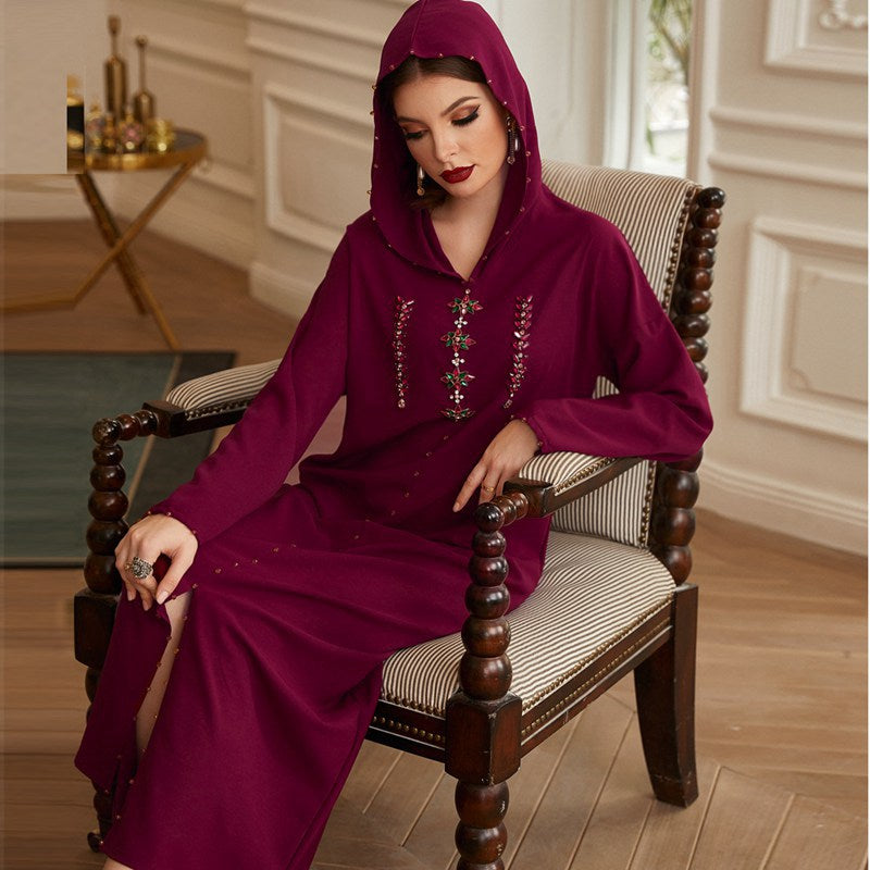 Heidi-Mode | Handgefertigter Strass Kapuzen Weinrote Femme Djellaba Frauen Abaya Kaftan Kleid Jalaba