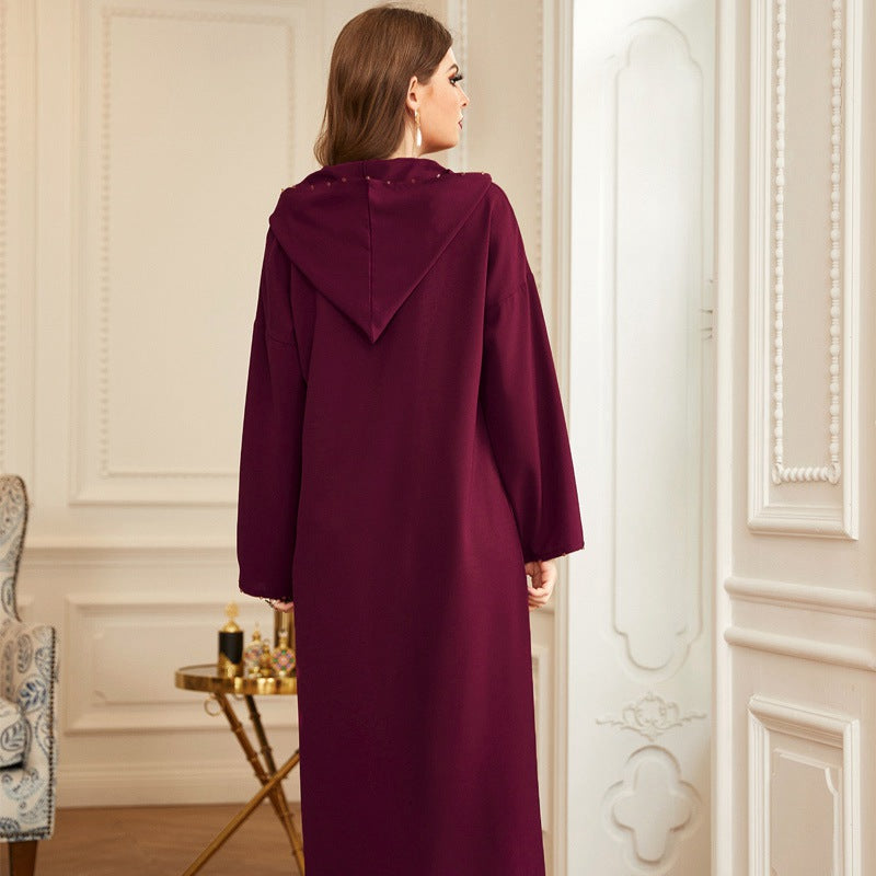 Heidi-Mode | Handgefertigter Strass Kapuzen Weinrote Femme Djellaba Frauen Abaya Kaftan Kleid Jalaba