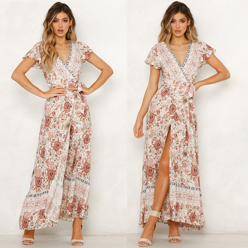 Heidi-Mode | Weinlese Blumen Print Boho Kurzarm Spaltet Maxi Kleider