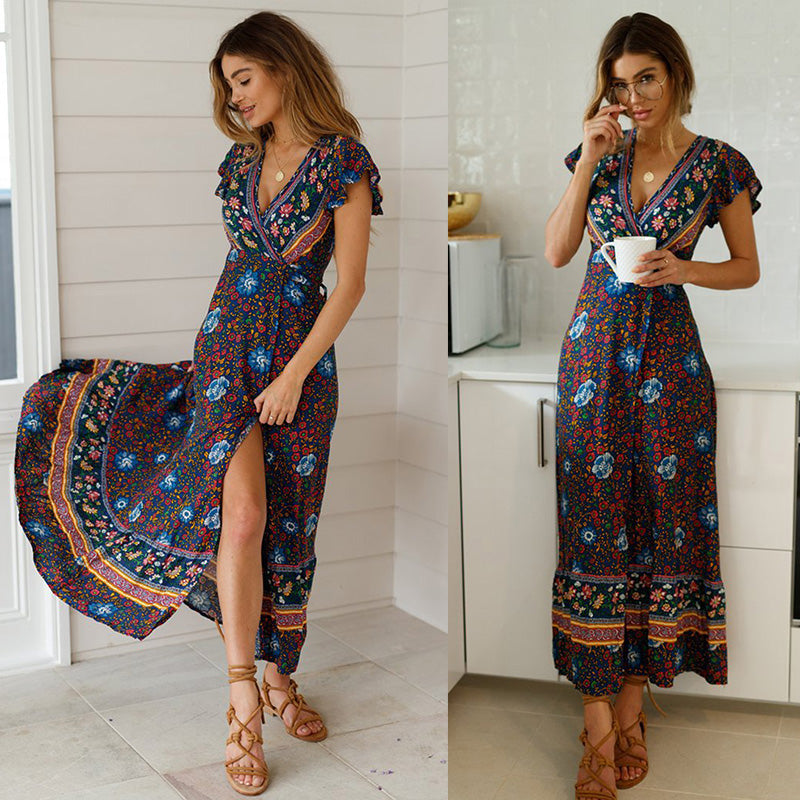 Heidi-Mode | Weinlese Blumen Print Boho Kurzarm Spaltet Maxi Kleider