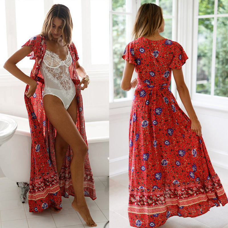 Heidi-Mode | Weinlese Blumen Print Boho Kurzarm Spaltet Maxi Kleider