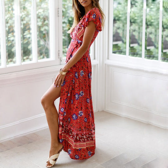 Heidi-Mode | Weinlese Blumen Print Boho Kurzarm Spaltet Maxi Kleider