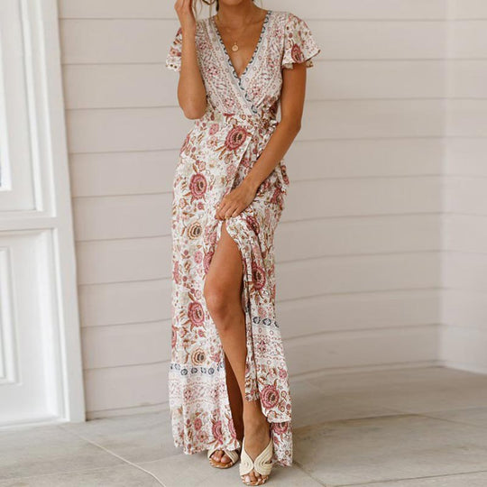 Heidi-Mode | Weinlese Blumen Print Boho Kurzarm Spaltet Maxi Kleider