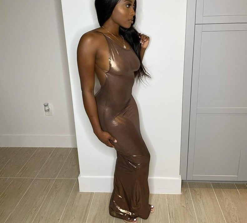 Heidi-Mode | Metallic O-Ausschnitt Offene Rückansicht Körperbeton Maxi Kleider