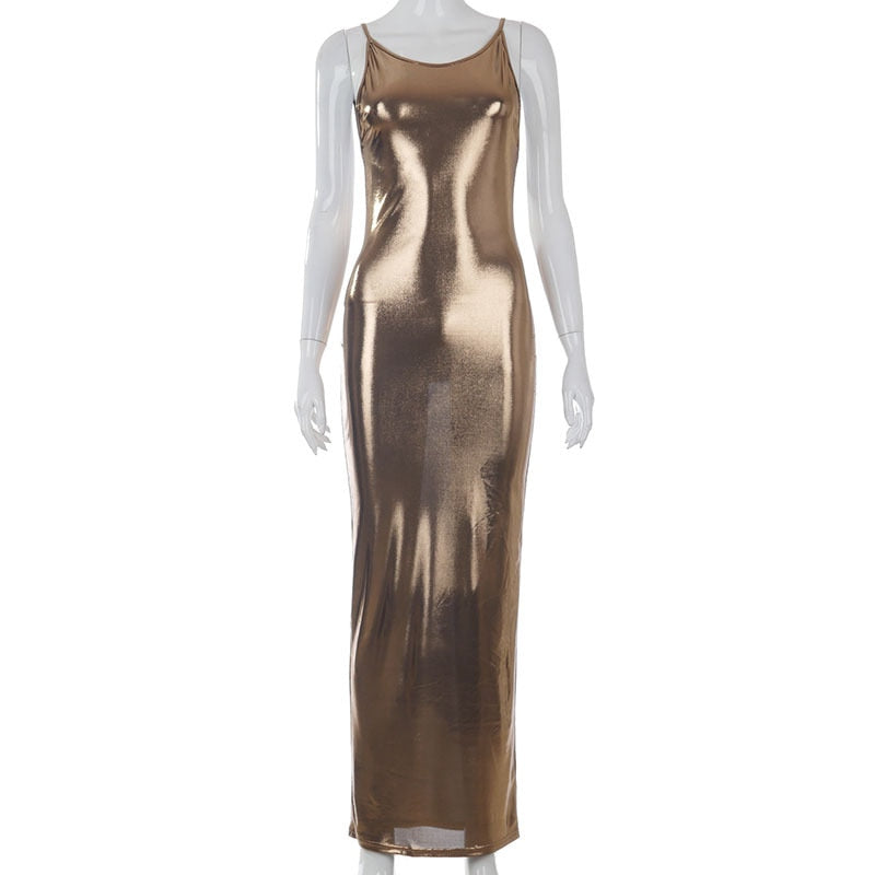 Heidi-Mode | Metallic O-Ausschnitt Offene Rückansicht Körperbeton Maxi Kleider