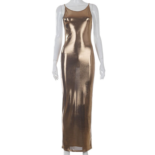 Heidi-Mode | Metallic O-Ausschnitt Offene Rückansicht Körperbeton Maxi Kleider