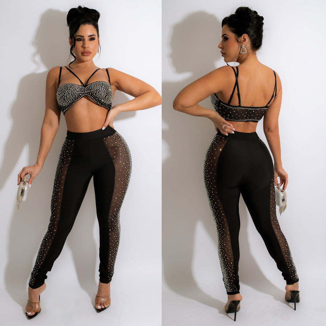 Heidi-Mode | Funkelndes Kristall Crop Top & Mesh Leggings Satzs