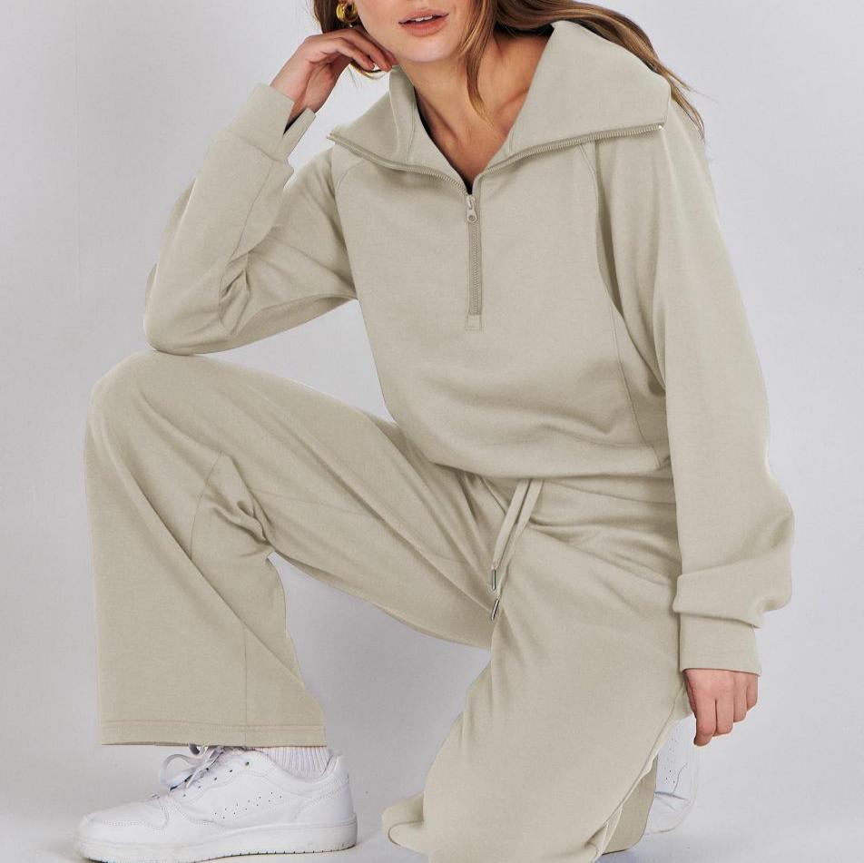 Heidi-Mode - Lässiges Herbst Halb-Reißverschluss Sweatshirt und weite Hose Set für Frauen