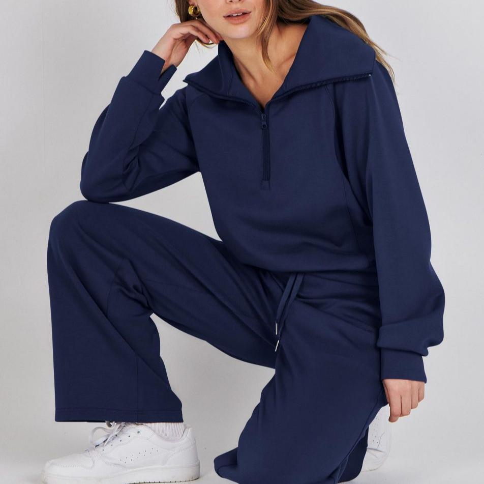 Heidi-Mode - Lässiges Herbst Halb-Reißverschluss Sweatshirt und weite Hose Set für Frauen