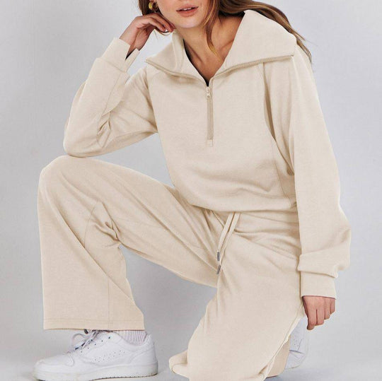 Heidi-Mode - Lässiges Herbst Halb-Reißverschluss Sweatshirt und weite Hose Set für Frauen