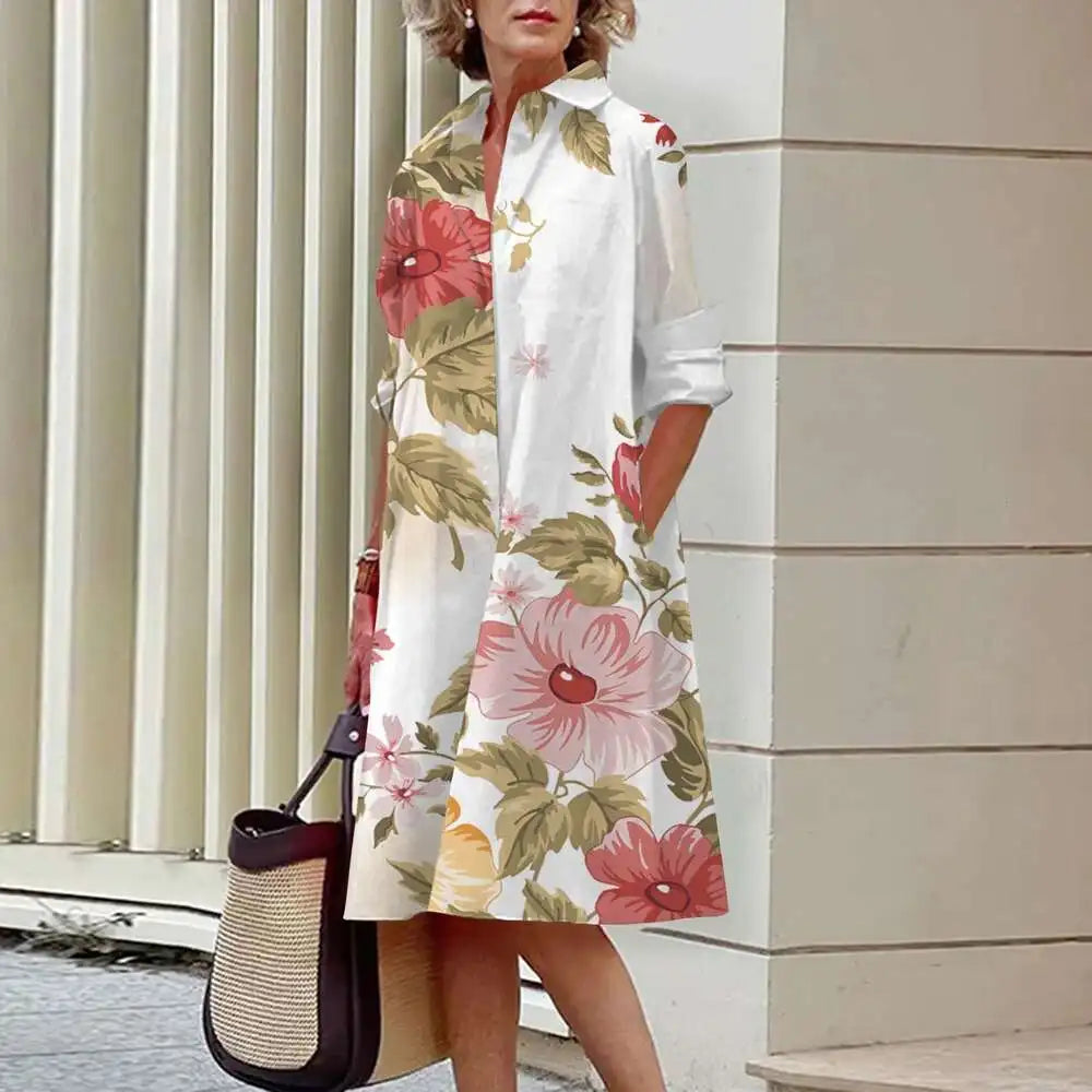 Heidi-Mode | Damen Elegante Hemdblusenkleider Herbstmode Blumen Lange Ärmel Lockere A-Linien Kleider Frauen Büro Damen Rote Grüne Revers Kleider