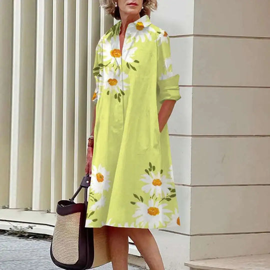 Heidi-Mode | Damen Elegante Hemdblusenkleider Herbstmode Blumen Lange Ärmel Lockere A-Linien Kleider Frauen Büro Damen Rote Grüne Revers Kleider