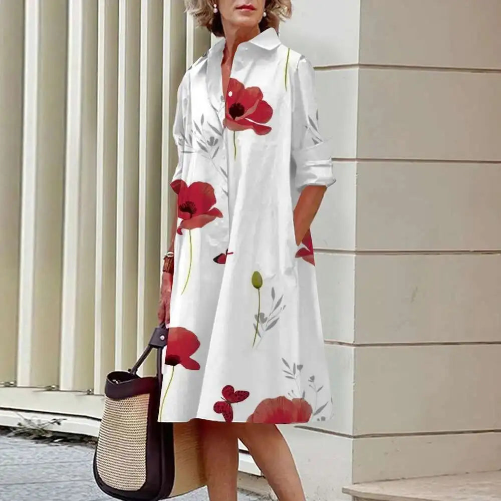 Heidi-Mode | Damen Elegante Hemdblusenkleider Herbstmode Blumen Lange Ärmel Lockere A-Linien Kleider Frauen Büro Damen Rote Grüne Revers Kleider