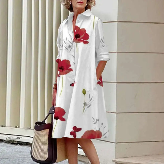 Heidi-Mode | Damen Elegante Hemdblusenkleider Herbstmode Blumen Lange Ärmel Lockere A-Linien Kleider Frauen Büro Damen Rote Grüne Revers Kleider