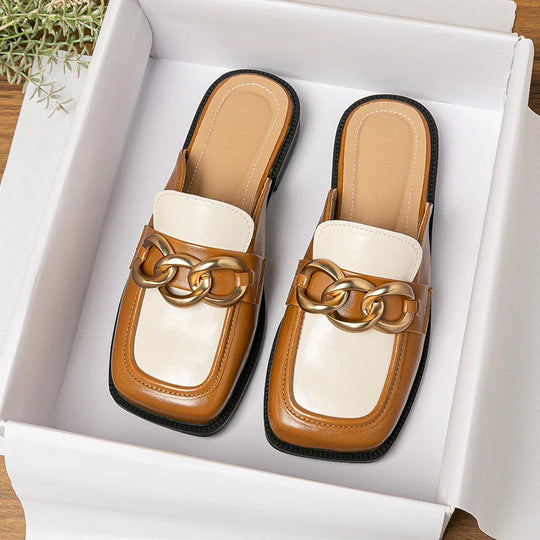 Heidi-Mode | Frühling und Herbst Frauen Tragen Flache Slipper Britischer Stil Fest und Arbeit Verschleiß Metall Kette Design Damen Rutschige Mules