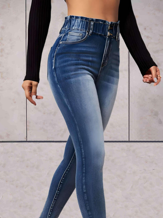 Röhrenjeans mit hoher Taille und Doppelknopf