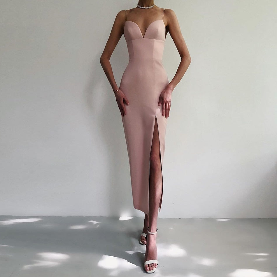 Heidi-Mode | V-Ausschnitt Spaghetti Träger Bodycon Bandage Maxi Kleider