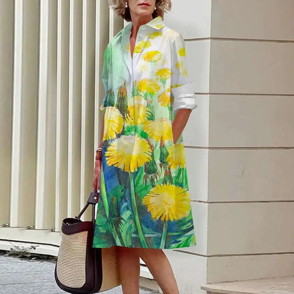 Heidi-Mode | Damen Elegante Hemdblusenkleider Herbstmode Blumen Lange Ärmel Lockere A-Linien Kleider Frauen Büro Damen Rote Grüne Revers Kleider