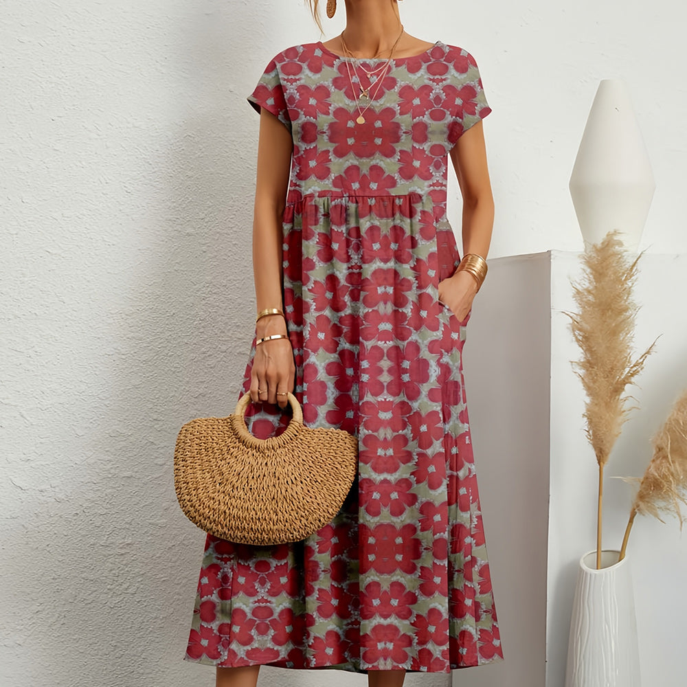 Heidi-Mode | Kurzärmliges, Locker Sitzendes Midikleid mit Rundhalsausschnitt