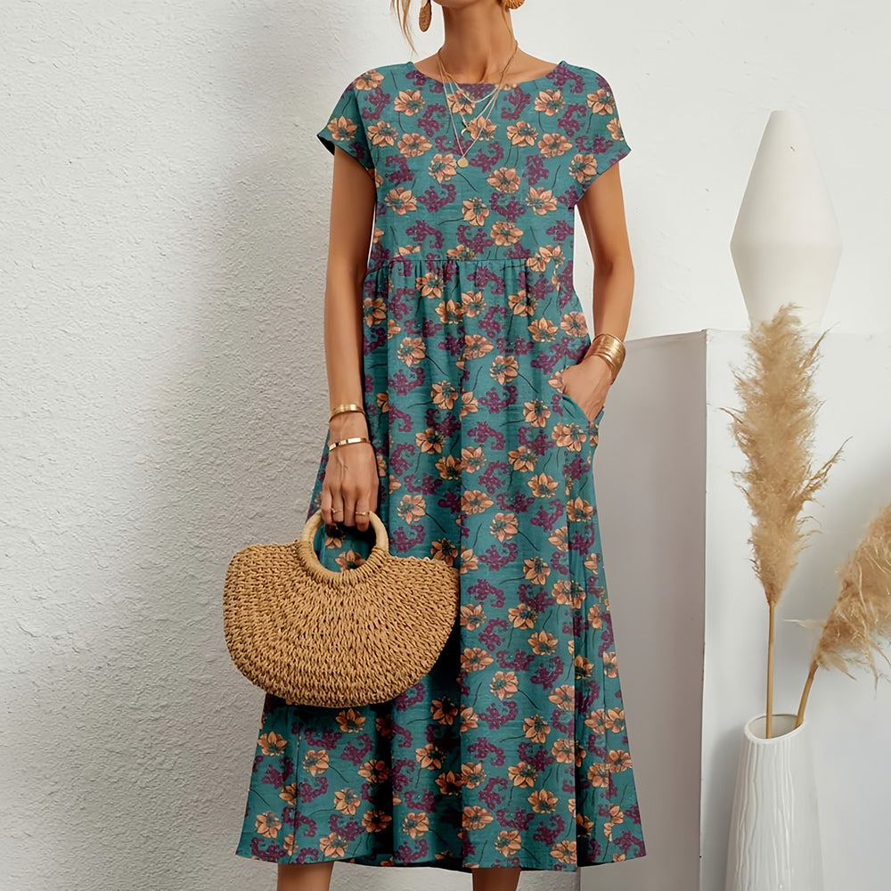 Heidi-Mode | Kurzärmliges, Locker Sitzendes Midikleid mit Rundhalsausschnitt