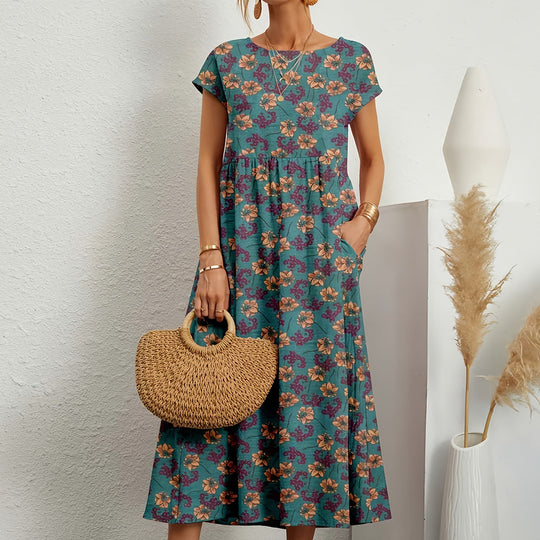 Heidi-Mode | Kurzärmliges, Locker Sitzendes Midikleid mit Rundhalsausschnitt