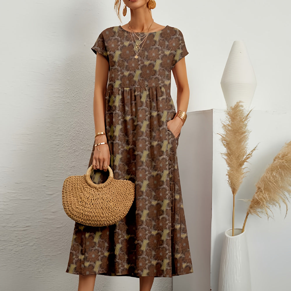 Heidi-Mode | Kurzärmliges, Locker Sitzendes Midikleid mit Rundhalsausschnitt