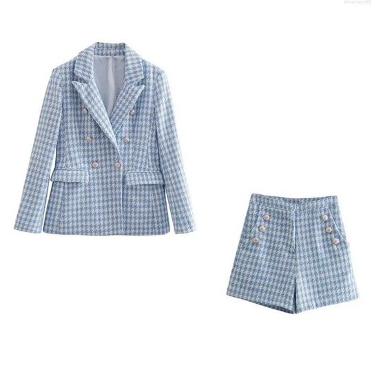 Heidi-Mode - Schick und Stilvoll Herbst Blau Kariert Tweed Blazer und Shorts Set für Frauen