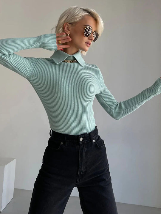 Heidi-Mode | Erleben Vanilla Polo Langarm-Strickoberteil