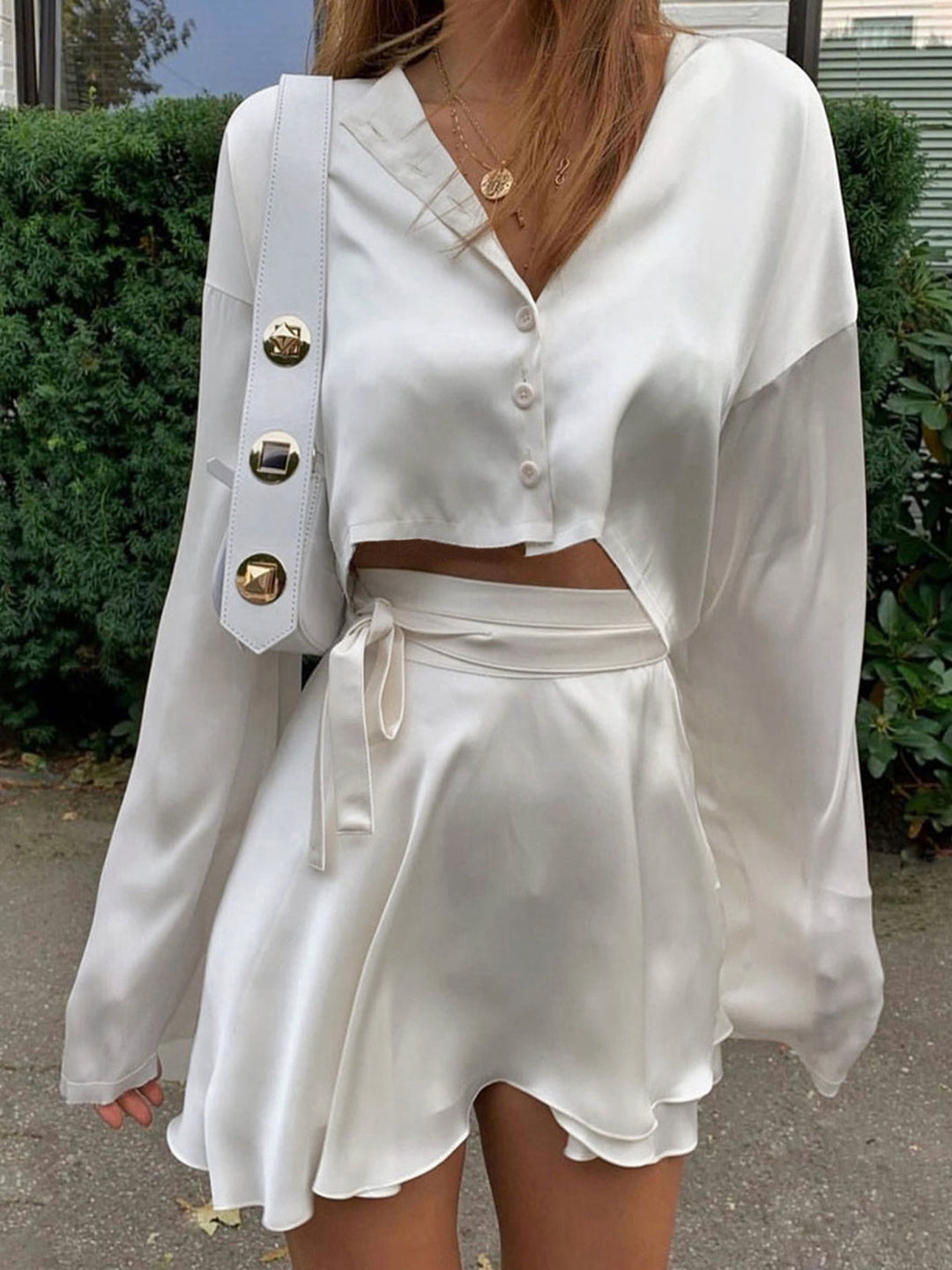 Heidi-Mode | Teile Rock Set Satin mit Rohem Rand Zum Binden