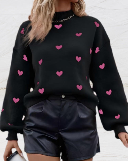 Heidi-Mode | Oversized Pullover Mit Rundhalsausschnitt Und Herzchenmuster