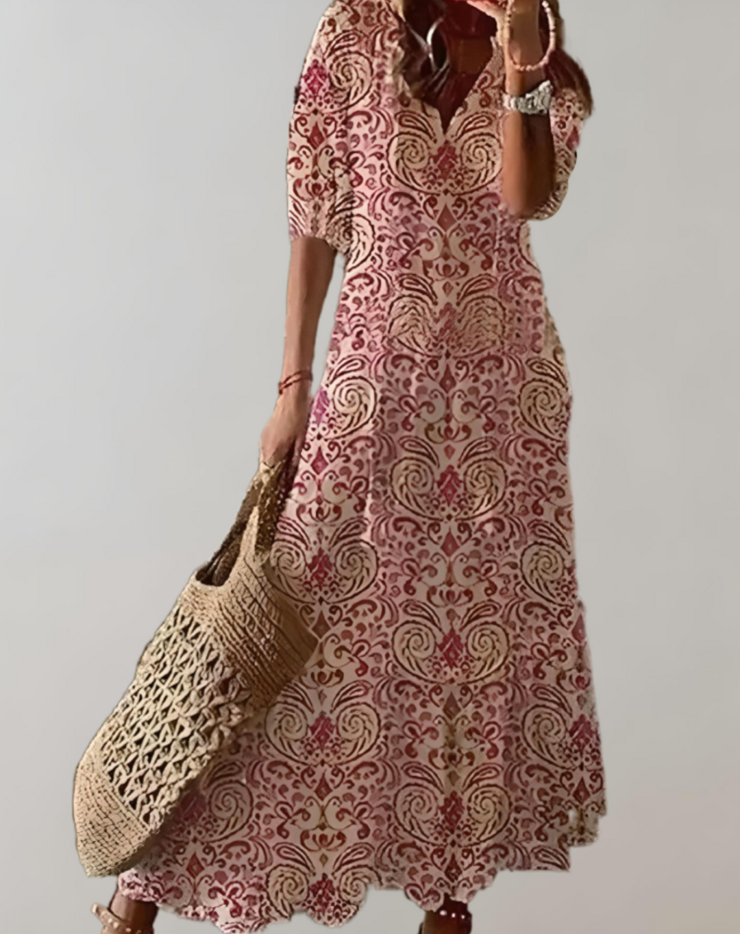 Bohemian maxi-jurk met bloemenprint, halve mouwen en een verstelbaar koordje