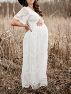 Heidi-Mode Schwangerschafts-Chaps Maxi-Fotoshooting-Kleider, elegante Spitzenstickerei, gewellter Rand, Weiß