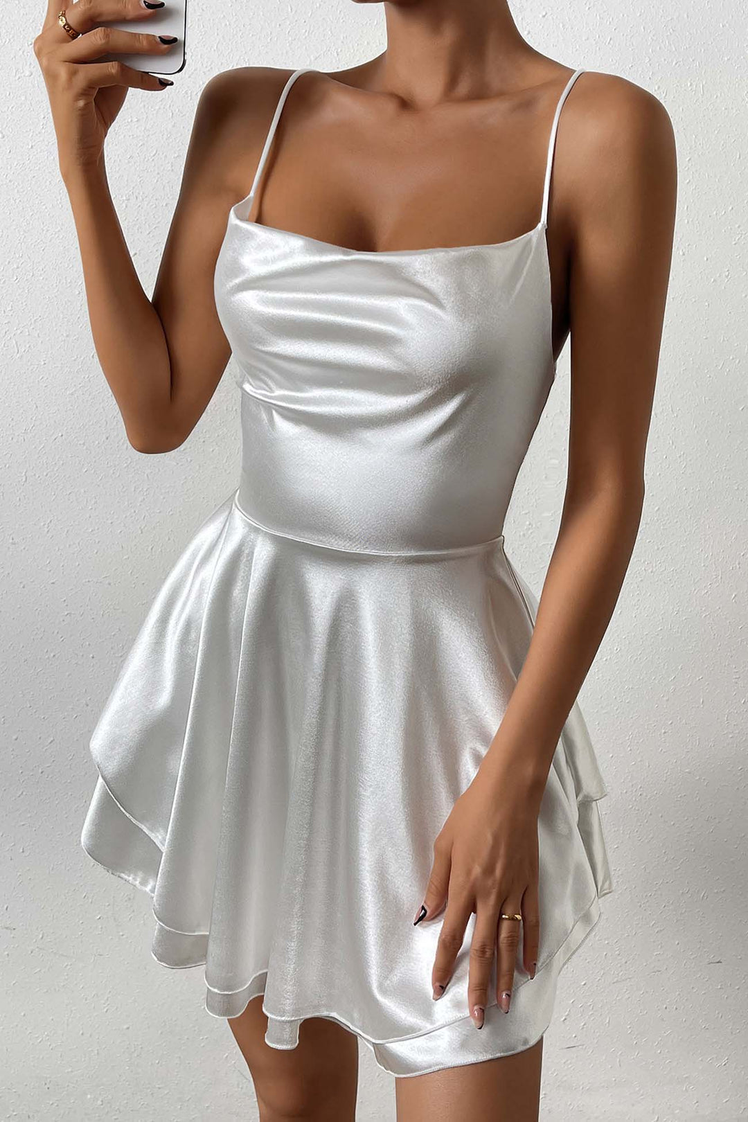 Heidi-Mode | Damen Seiden String Rücken Mini Kleid Weiß
