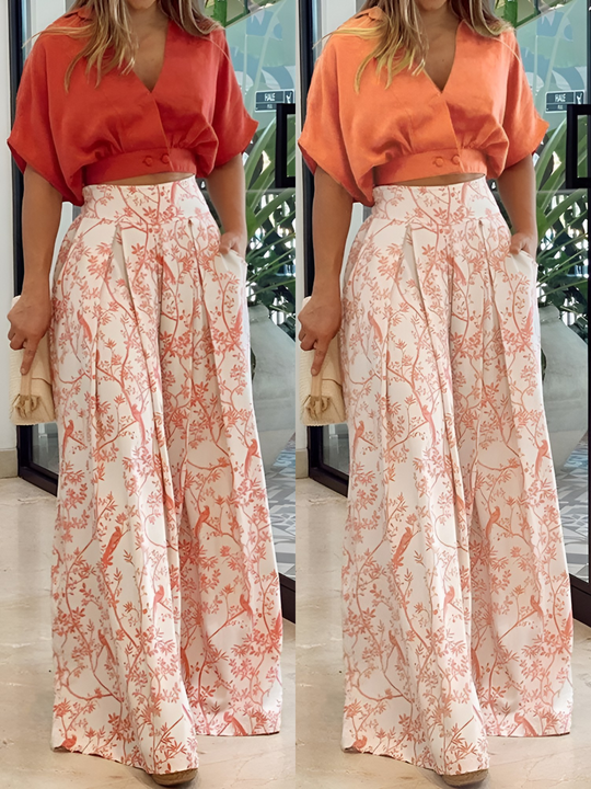 Heidi-Mode | Lässiger V-ausschnitt Bluse mit Bedrucktem Rock Zweiteiliges Satz