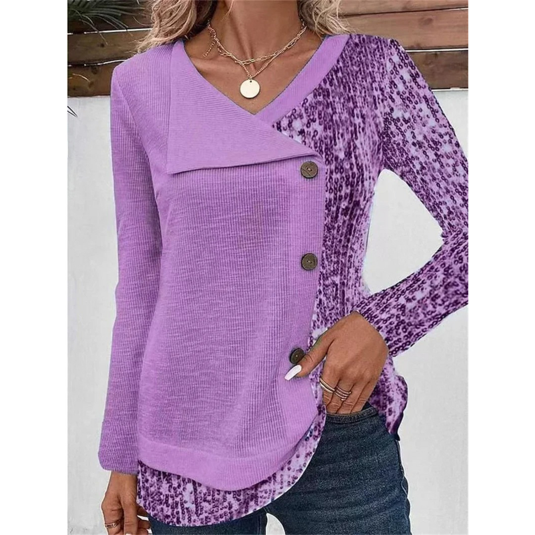 Heidi-Mode | Bedrucktes V-ausschnitt mit Knopf Damen Shirt mit Langenärmeln