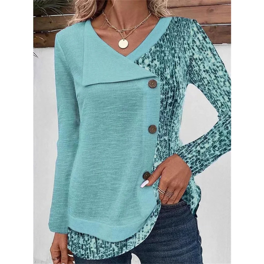 Heidi-Mode | Bedrucktes V-ausschnitt mit Knopf Damen Shirt mit Langenärmeln