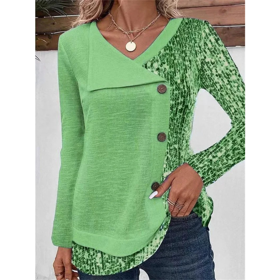 Heidi-Mode | Bedrucktes V-ausschnitt mit Knopf Damen Shirt mit Langenärmeln