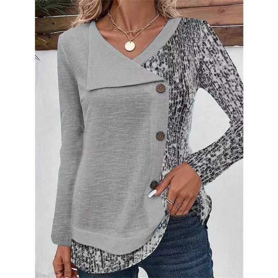 Heidi-Mode | Bedrucktes V-ausschnitt mit Knopf Damen Shirt mit Langenärmeln