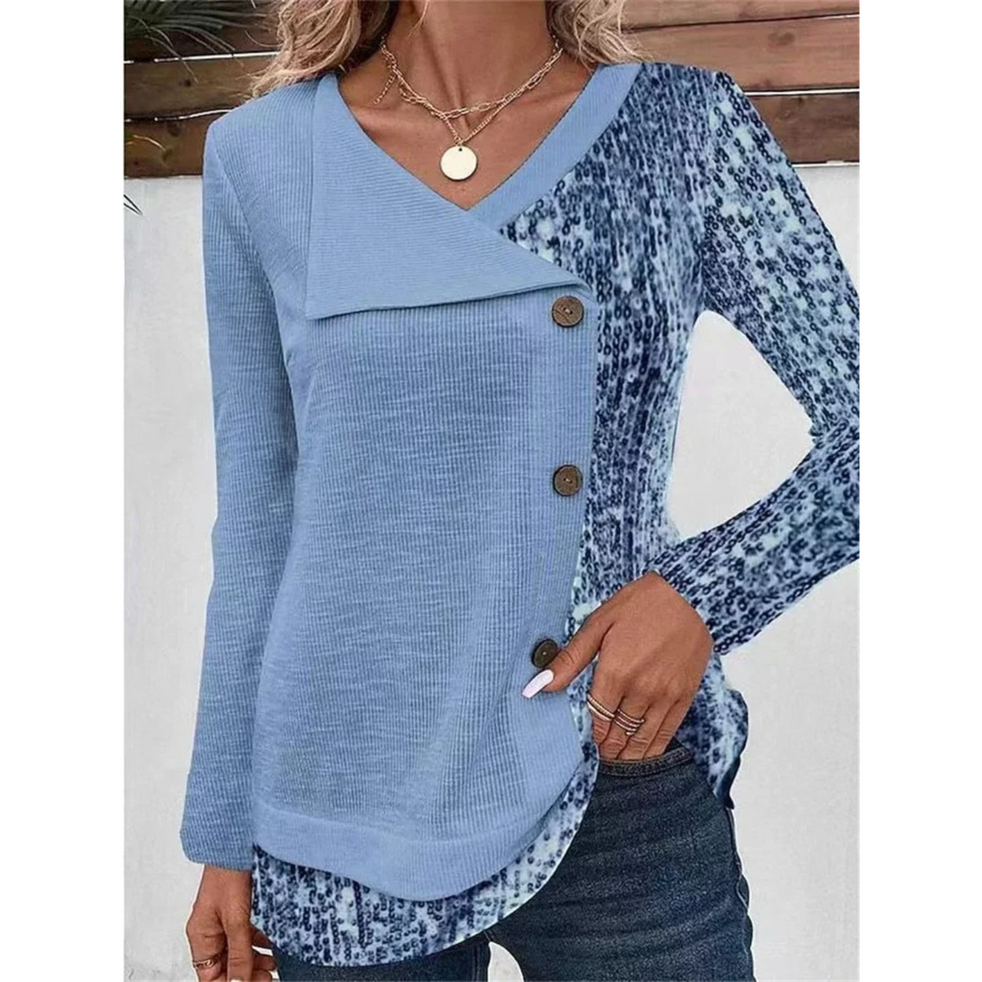 Heidi-Mode | Bedrucktes V-ausschnitt mit Knopf Damen Shirt mit Langenärmeln