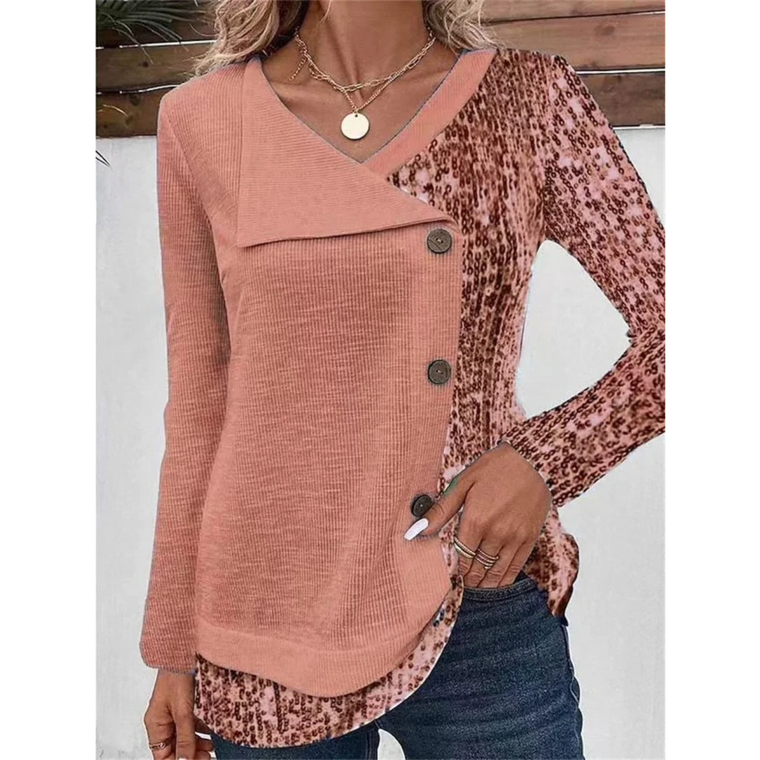 Heidi-Mode | Bedrucktes V-ausschnitt mit Knopf Damen Shirt mit Langenärmeln