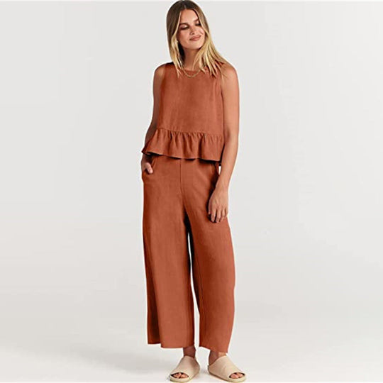 Ärmelloses Top mit Rüschen und weitgeschnittene Hose Set