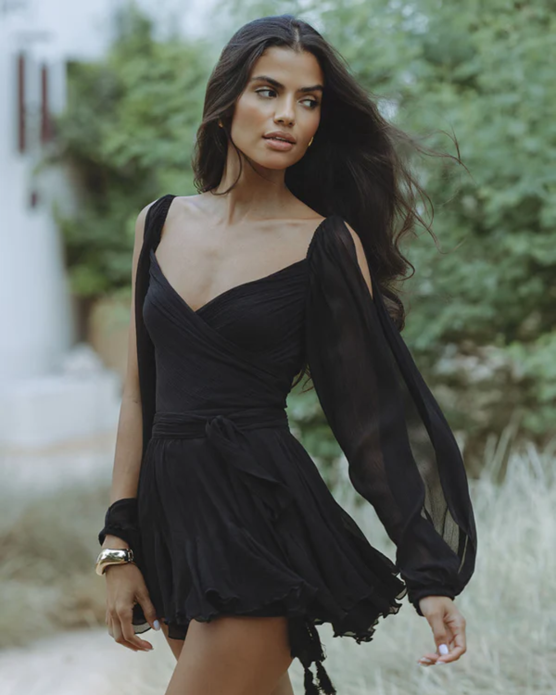 elegante chiffon jurk met open schouders