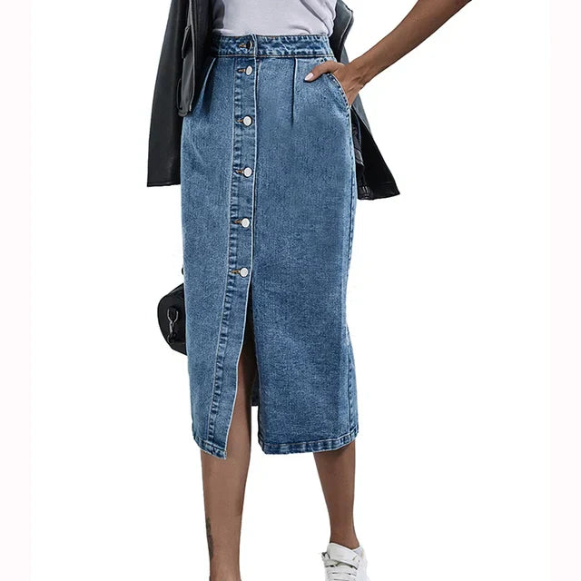 denim midirok met knoopsluiting