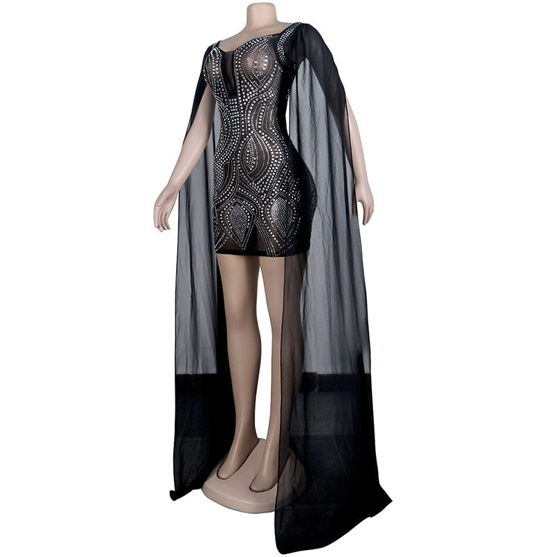 Heidi-Mode | Knöchellanges Flare Cape Ärmel Mesh Kristall Kleider