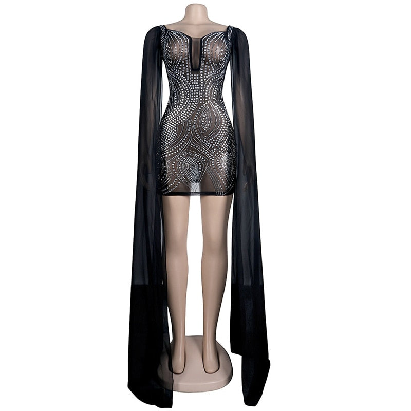 Heidi-Mode | Knöchellanges Flare Cape Ärmel Mesh Kristall Kleider