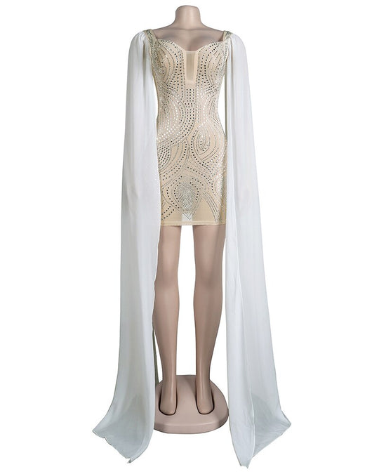 Heidi-Mode | Knöchellanges Flare Cape Ärmel Mesh Kristall Kleider