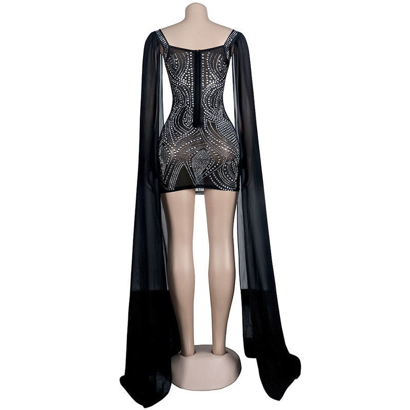 Heidi-Mode | Knöchellanges Flare Cape Ärmel Mesh Kristall Kleider