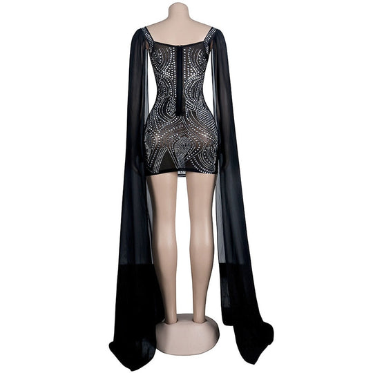 Heidi-Mode | Knöchellanges Flare Cape Ärmel Mesh Kristall Kleider