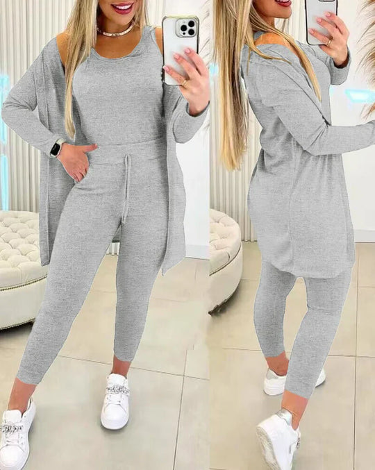 – 3-teiliges set mit rundhals-top, hose und strickjacke