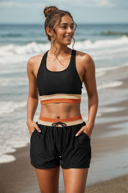 Heidi-Mode | Schwarzes Colorblock Reißverschluss Rücken Sport Bikini-Oberteil mit Boyshort-Set